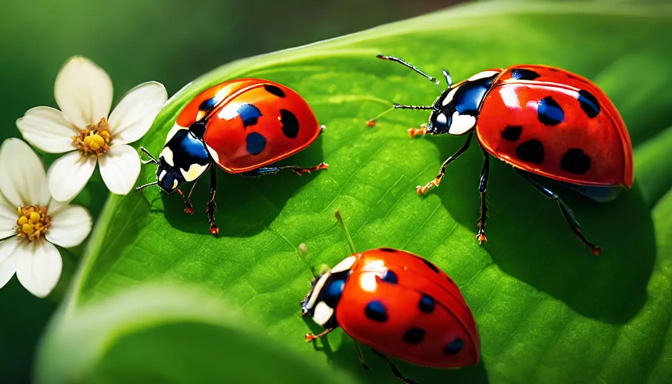 A group of red ladybugs on a green leaf in natural surroundings.